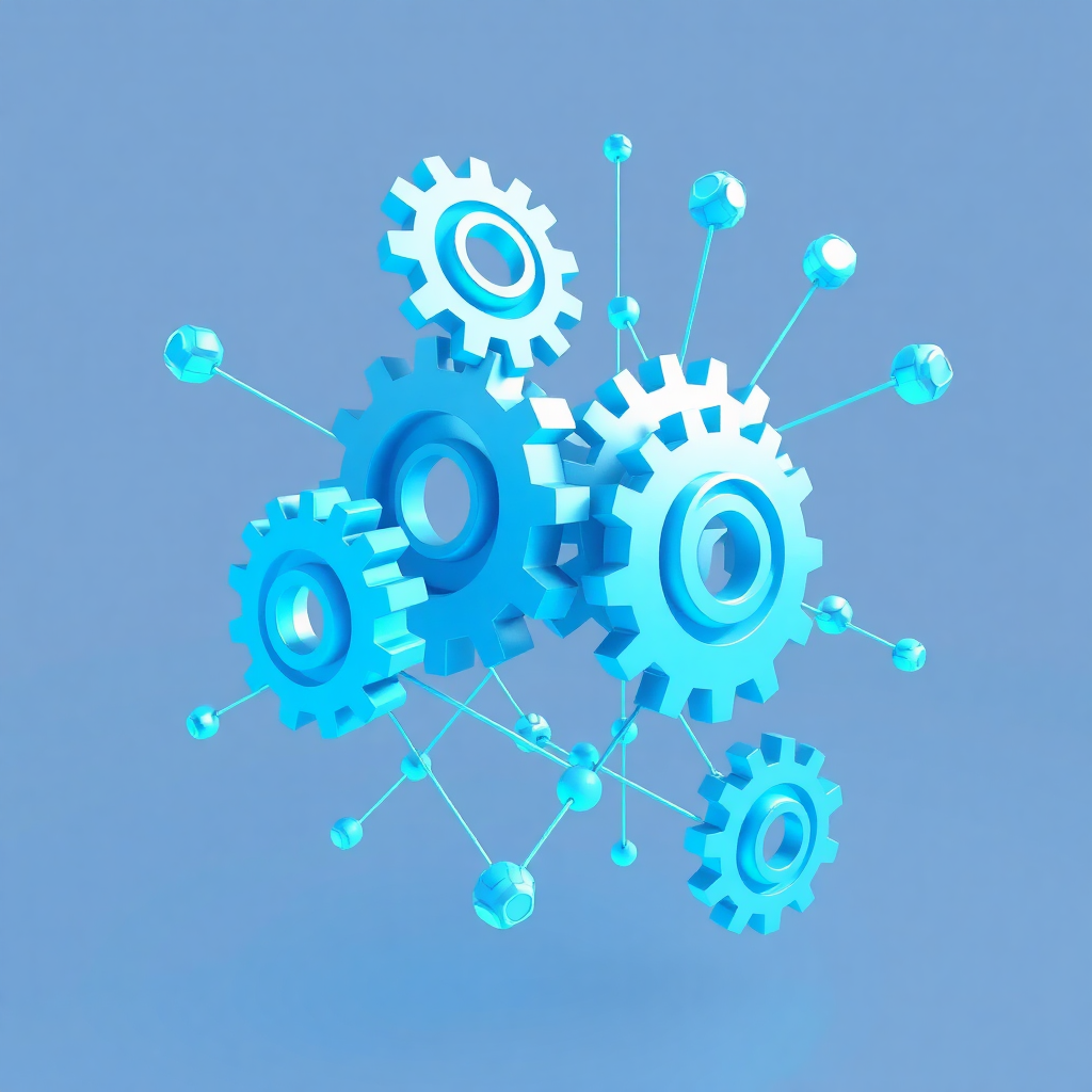 abstract 3D tech illustration with gears and connected nodes representing automation and digital transformation in blue and cyan colors