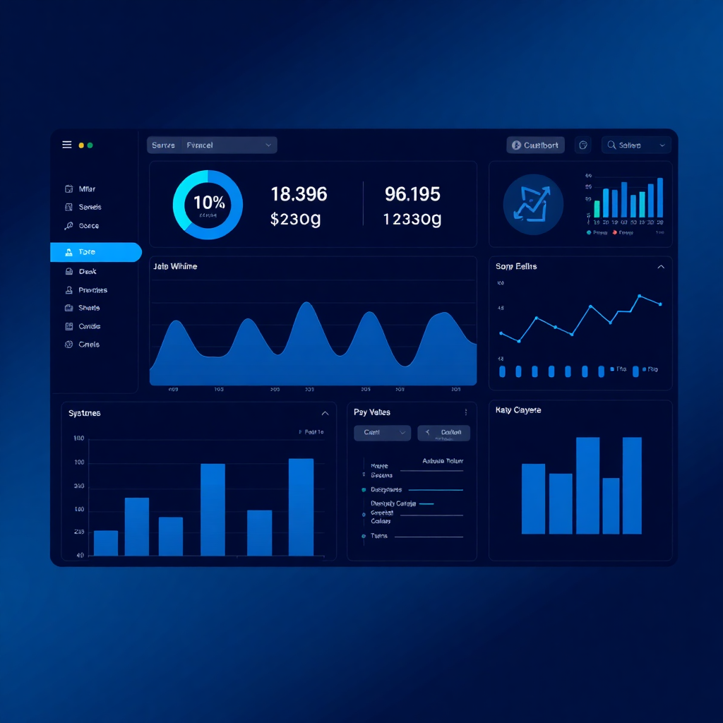a modern dashboard interface showing financial metrics and charts, minimalist design with blue accent colors