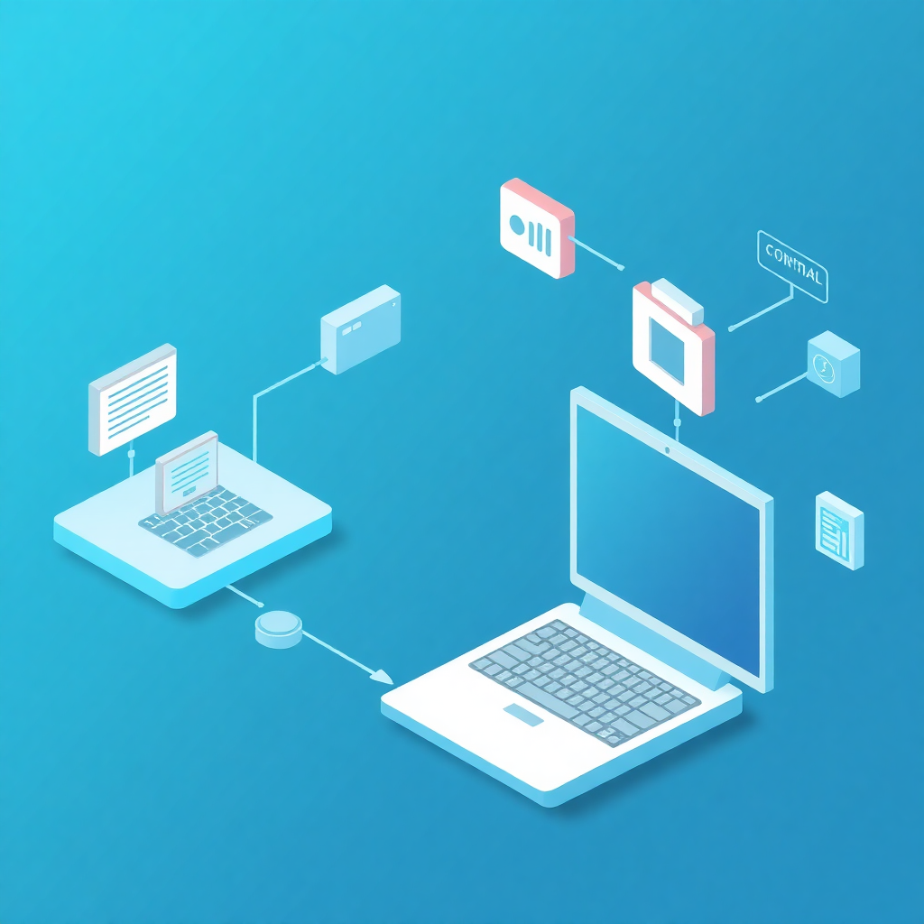 3D abstract illustration showing workflow automation transformation from manual to digital processes, modern tech style, blue and teal colors