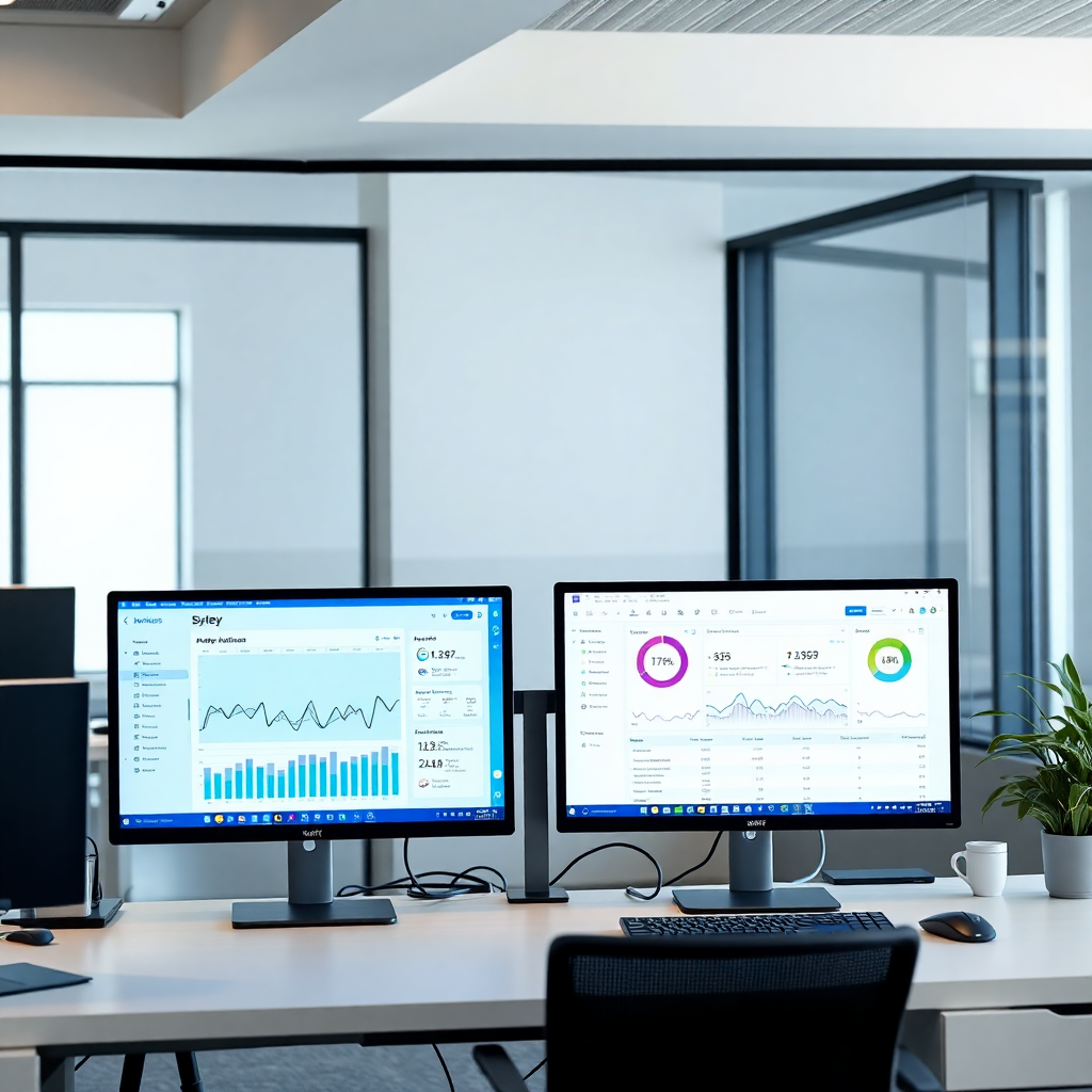 modern tech workspace with digital screens showing workflow automation software, business analytics dashboard, minimalist office setting
