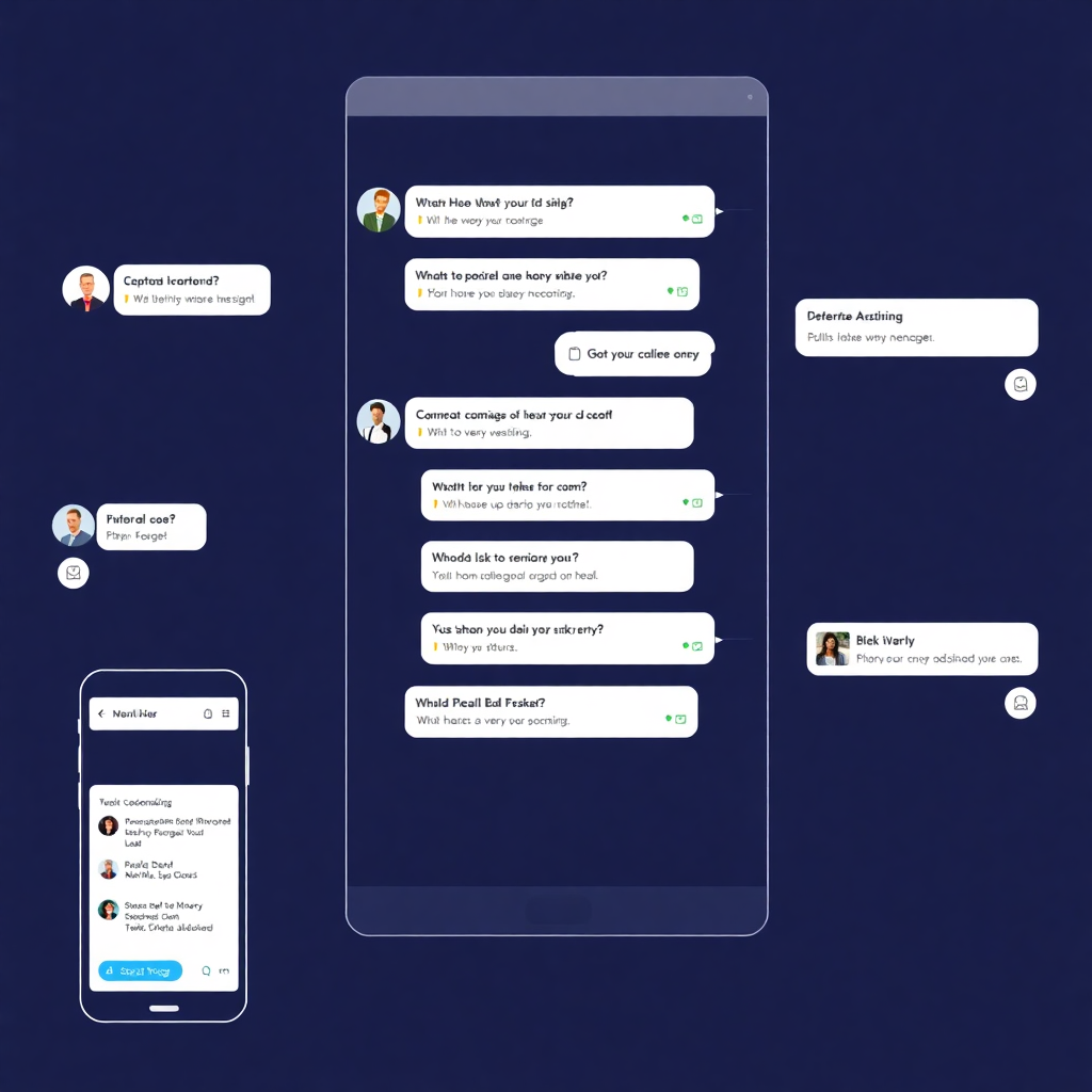 AI chatbot interface with conversation flow, customer service automation, digital assistant on multiple devices